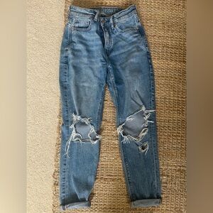 American Eagle Blue Distressed Mom Jeans at Knee